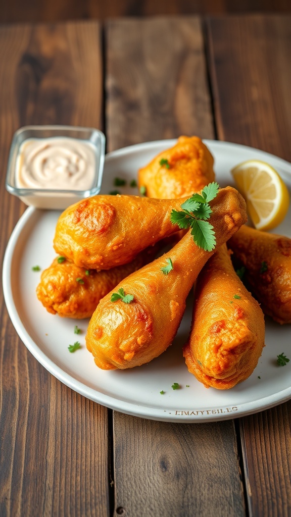Crispy fried chicken drumsticks served on a plate with parsley and dipping sauce.